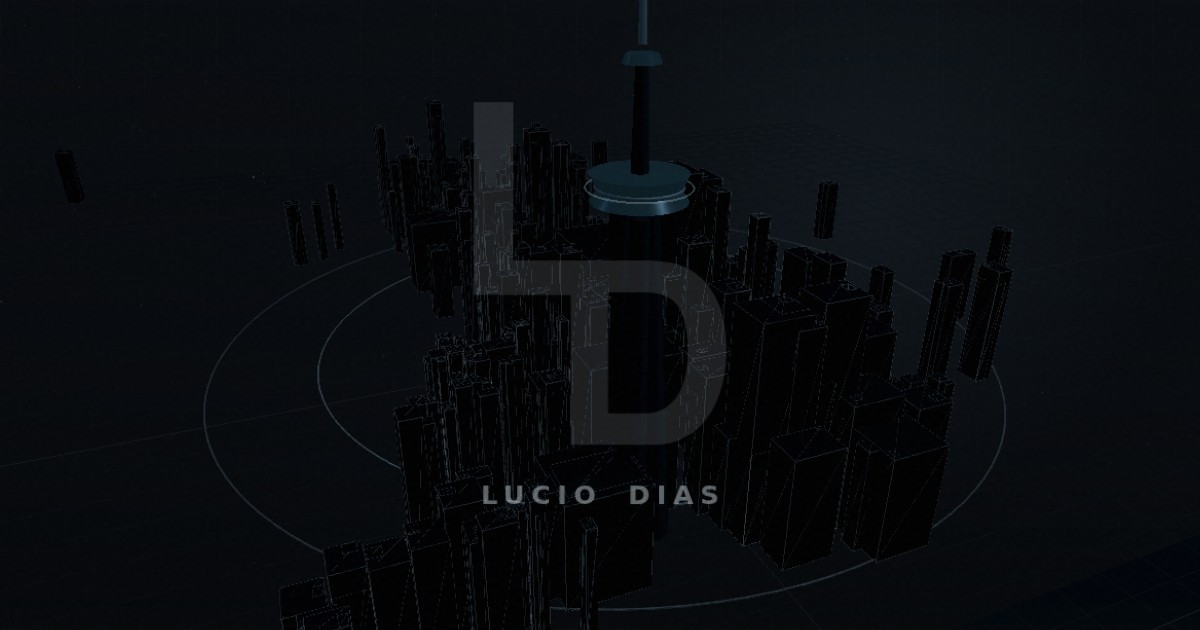 Lucio Dias LD branding over the site's 3D Toronto screensaver